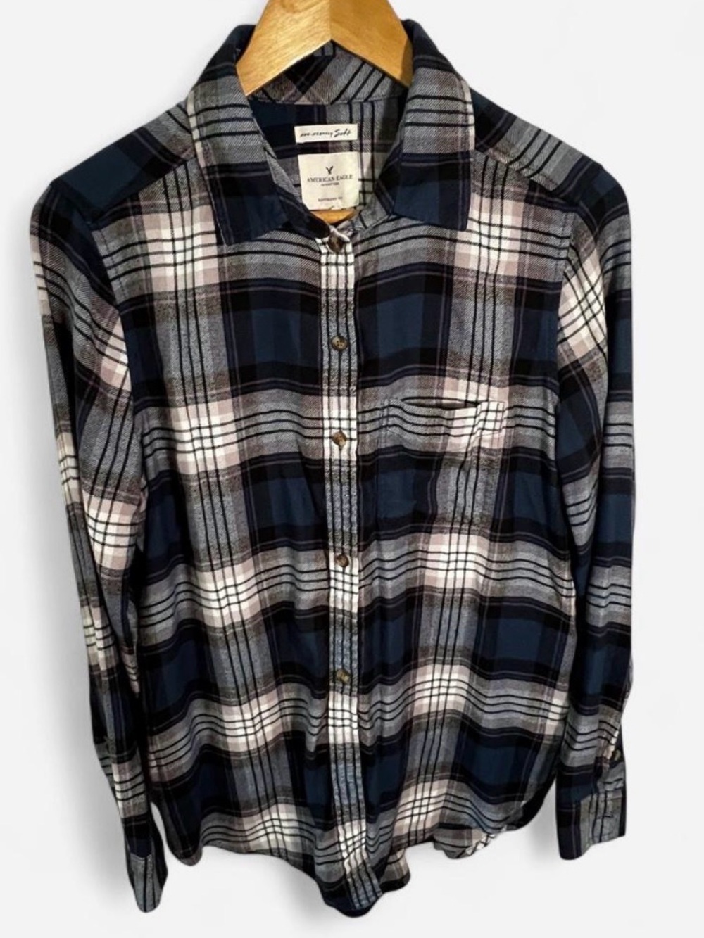 American Eagle Outfitters Navy and White Plaid Button-Down Shirt